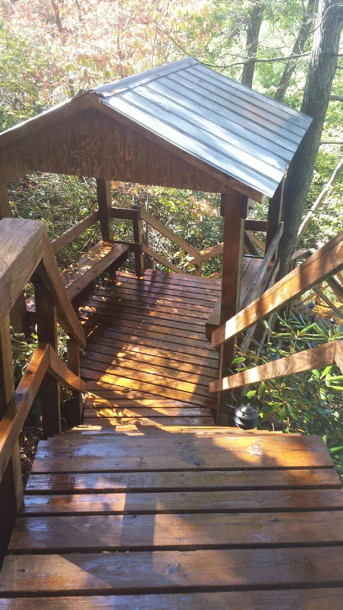 Freshly stained wood walkway and covered shelter with a metal roof in Alexander